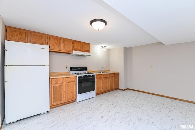 113 Highview Ter, East Peoria, IL 61611 - kitchen featuring white appliances, under cabinet range hood, light countertops, and brown cabinets