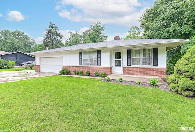113 Highview Ter, East Peoria, IL 61611 - ranch-style home with brick siding, a front yard, a chimney, a garage, and driveway