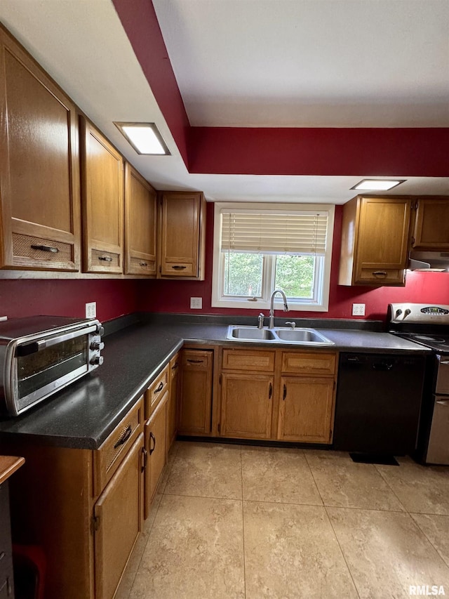 15 Elmo Dr, Macomb, IL 61455 - kitchen with stainless steel range with electric cooktop, under cabinet range hood, black dishwasher, brown cabinetry, and dark countertops