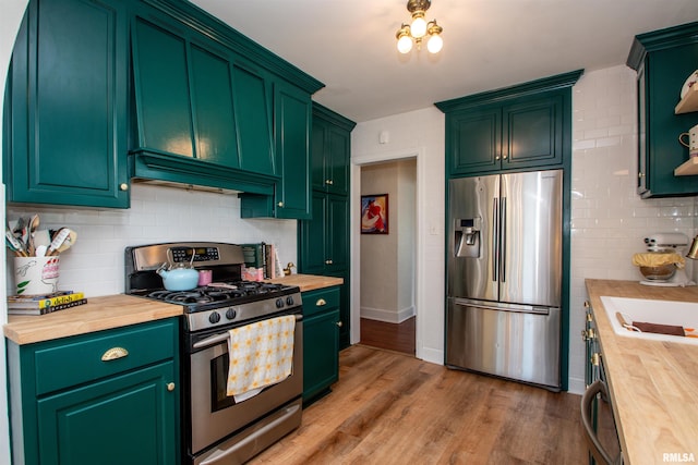 3316 N Biltmore Ave, Peoria, IL 61604 - kitchen featuring appliances with stainless steel finishes, wooden counters, backsplash, and light wood finished floors