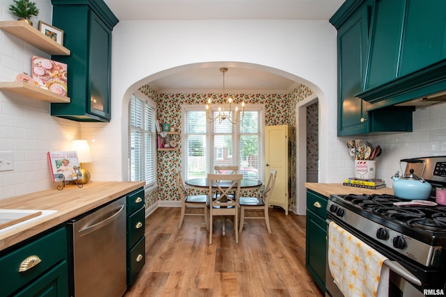 3316 N Biltmore Ave, Peoria, IL 61604 - kitchen with stainless steel appliances, green cabinetry, wood counters, wallpapered walls, and ornamental molding