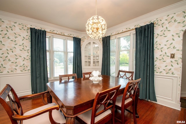 3316 N Biltmore Ave, Peoria, IL 61604 - dining space featuring wallpapered walls, wainscoting, a chandelier, ornamental molding, and dark wood finished floors