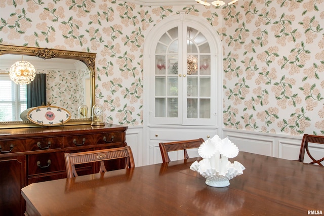 3316 N Biltmore Ave, Peoria, IL 61604 - unfurnished dining area with wallpapered walls, a decorative wall, a chandelier, and a wainscoted wall