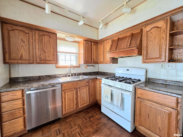 1507 W Circle Rd, Peoria, IL 61604 - kitchen with dishwasher, white range with gas cooktop, premium range hood, dark countertops, and brown cabinets