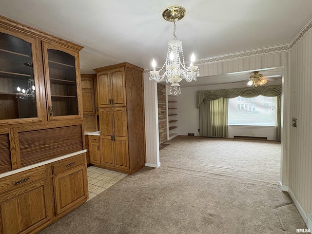 502 W Crestwood Dr, Peoria, IL 61614 - unfurnished dining area with light carpet, a chandelier, light tile patterned flooring, and ceiling fan