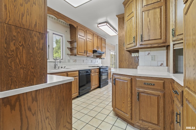 502 W Crestwood Dr, Peoria, IL 61614 - kitchen featuring black appliances, decorative backsplash, under cabinet range hood, light tile patterned floors, and open shelves