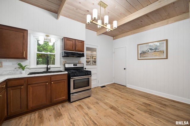 1431 E Rouse Ave, Peoria, IL 61614 - kitchen with stainless steel gas range, under cabinet range hood, decorative backsplash, a wooden ceiling with exposed beams, and a chandelier