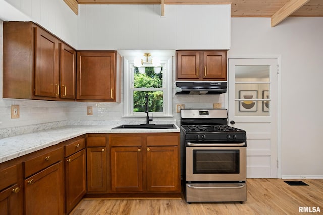 1431 E Rouse Ave, Peoria, IL 61614 - kitchen with stainless steel range with gas stovetop, range hood, decorative backsplash, light wood-style floors, and wood ceiling