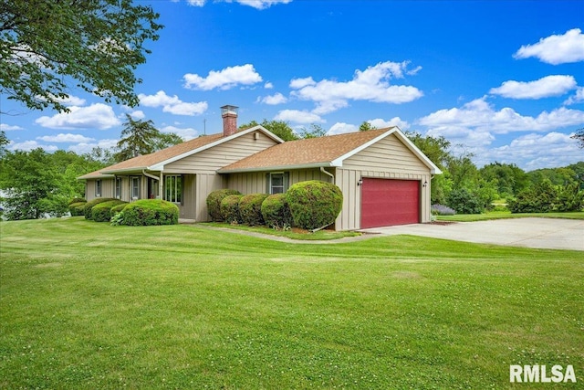 1522 N Stone School Rd, Elmwood, IL 61529 - single story home featuring an attached garage, board and batten siding, a chimney, a front yard, and driveway