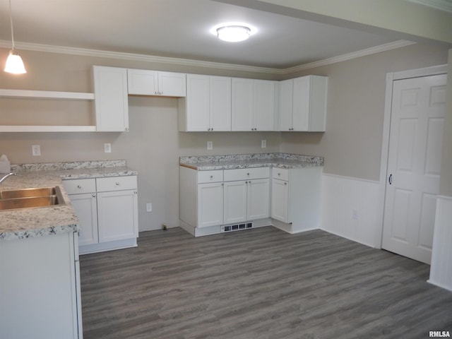 300 E Summer St, Plymouth, IL 62367 - kitchen with open shelves, ornamental molding, white cabinetry, dark wood finished floors, and wainscoting