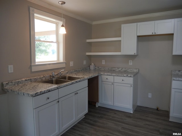 300 E Summer St, Plymouth, IL 62367 - kitchen featuring open shelves, white cabinetry, dark wood-style floors, crown molding, and pendant lighting
