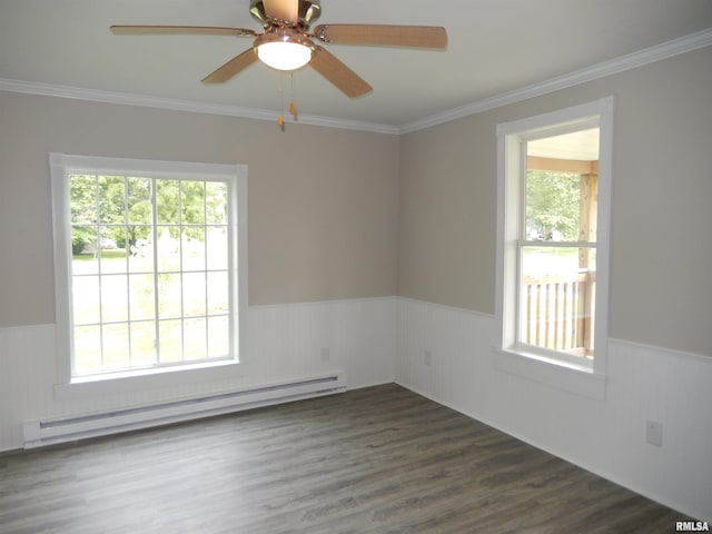 300 E Summer St, Plymouth, IL 62367 - unfurnished room with a baseboard heating unit, a wainscoted wall, plenty of natural light, ornamental molding, and ceiling fan