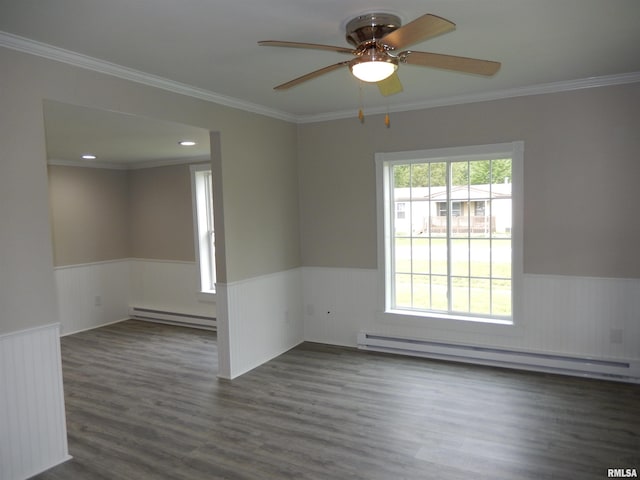 300 E Summer St, Plymouth, IL 62367 - unfurnished room featuring a baseboard radiator, a wainscoted wall, dark wood-type flooring, a ceiling fan, and ornamental molding