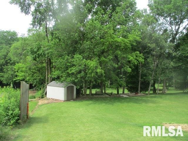 3708 Bloomington Rd, East Peoria, IL 61611 - view of grassy yard with a storage shed