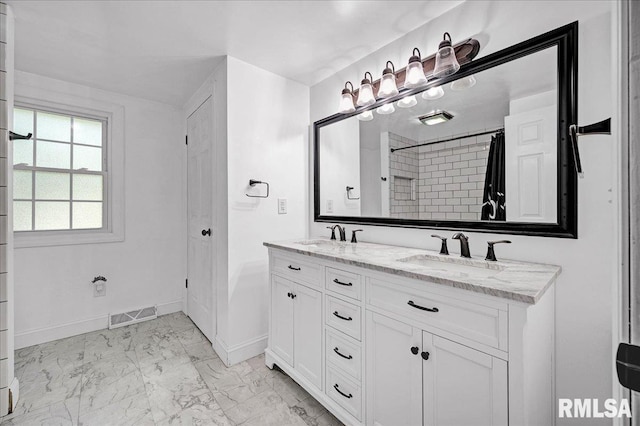 1536 Hickory Point Rd, Metamora, IL 61548 - full bathroom with marble finish floors, double vanity, and curtained shower