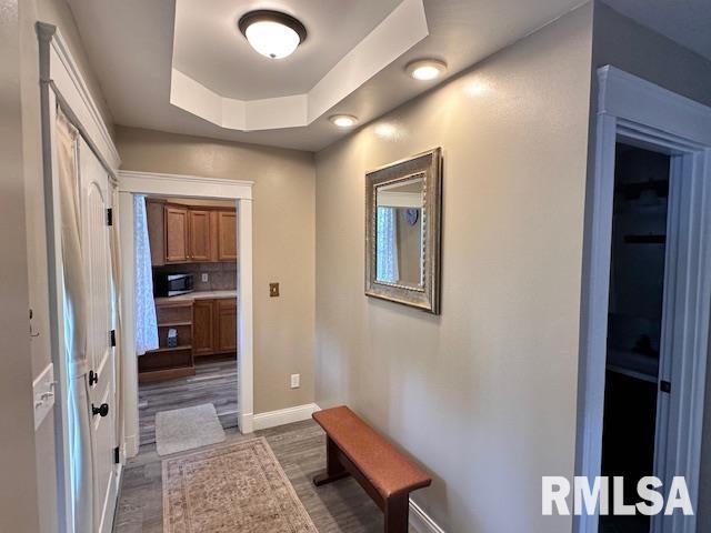 964 E Locust St, Canton, IL 61520 - corridor featuring dark wood finished floors and a tray ceiling