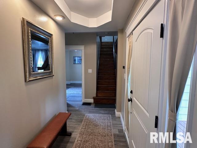 964 E Locust St, Canton, IL 61520 - hallway with dark wood-style floors, stairway, and a raised ceiling