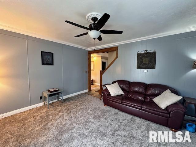 964 E Locust St, Canton, IL 61520 - carpeted living area featuring ceiling fan, crown molding, and a decorative wall
