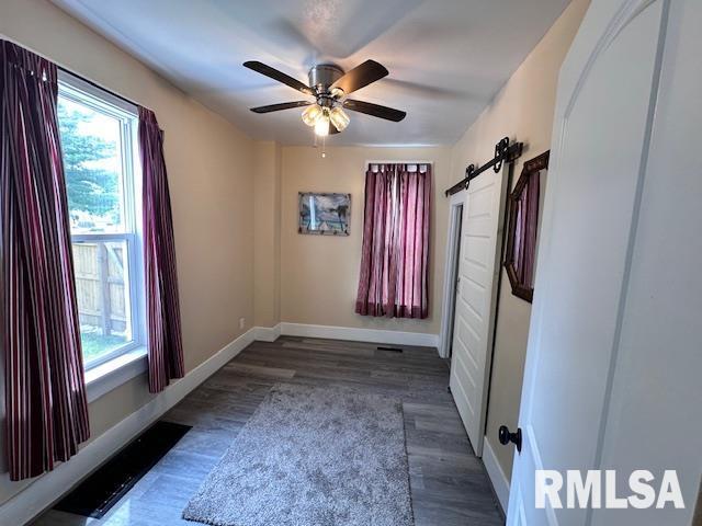 964 E Locust St, Canton, IL 61520 - spare room with a barn door, plenty of natural light, wood finished floors, and ceiling fan