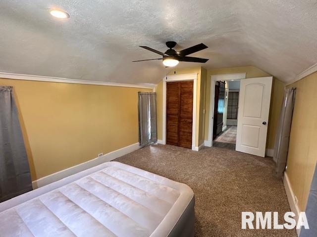 964 E Locust St, Canton, IL 61520 - carpeted bedroom featuring vaulted ceiling, a textured ceiling, a ceiling fan, and a closet