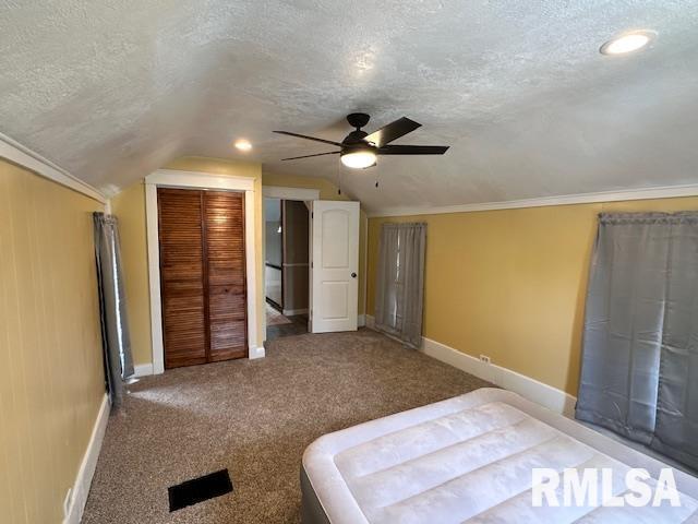 964 E Locust St, Canton, IL 61520 - bedroom featuring a textured ceiling, vaulted ceiling, carpet, and ceiling fan