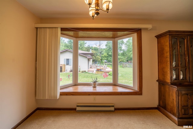 748 E Poplet Hollow Rd, Peoria, IL 61614 - unfurnished dining area featuring a chandelier, carpet, and a baseboard heating unit