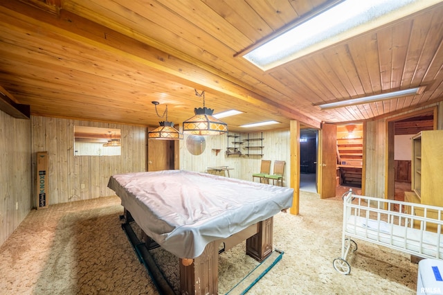 748 E Poplet Hollow Rd, Peoria, IL 61614 - rec room featuring billiards, carpet floors, wood ceiling, and wooden walls