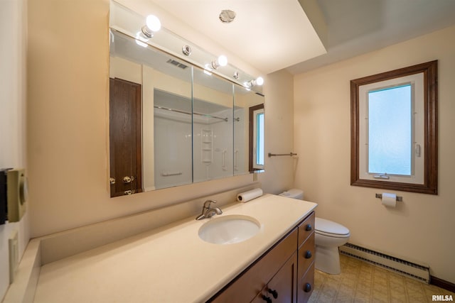 748 E Poplet Hollow Rd, Peoria, IL 61614 - full bath featuring a baseboard heating unit, vanity, tile patterned floors, and a shower