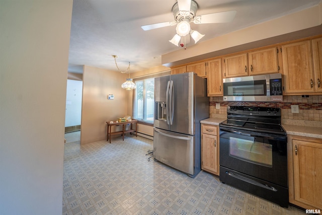 748 E Poplet Hollow Rd, Peoria, IL 61614 - kitchen with stainless steel appliances, light countertops, decorative backsplash, light flooring, and ceiling fan
