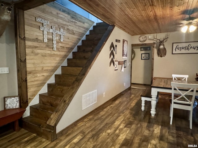 442 W Oak St, Smithfield, IL 61477 - unfurnished dining area with stairway, wood finished floors, wood ceiling, and ceiling fan
