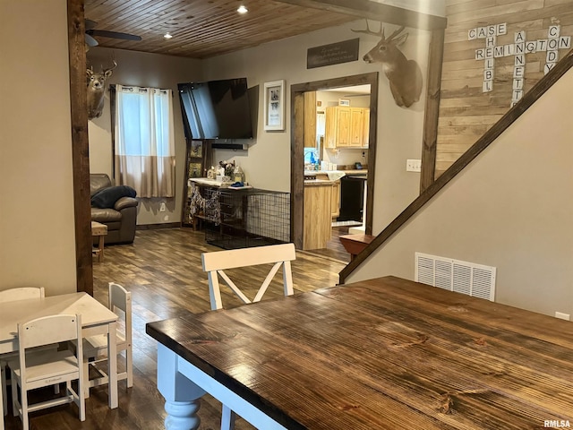 442 W Oak St, Smithfield, IL 61477 - dining space featuring wood finished floors, wood ceiling, recessed lighting, and ceiling fan