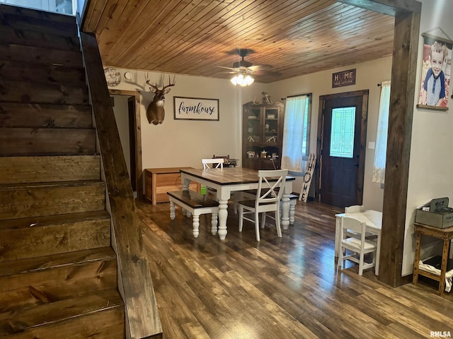 442 W Oak St, Smithfield, IL 61477 - dining space with ceiling fan, wooden ceiling, wood finished floors, and stairs