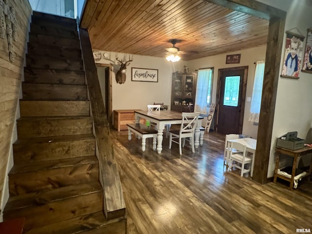 442 W Oak St, Smithfield, IL 61477 - dining area with wood ceiling, ceiling fan, dark wood-type flooring, and stairs