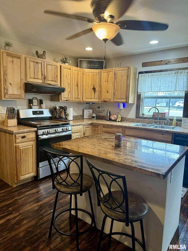 442 W Oak St, Smithfield, IL 61477 - kitchen with stainless steel appliances, ventilation hood, a kitchen bar, light brown cabinetry, and recessed lighting