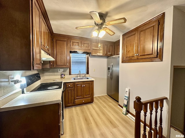 904 E Forrest Hill Ave, Peoria, IL 61603 - kitchen featuring stainless steel refrigerator with ice dispenser, under cabinet range hood, white range with electric cooktop, light wood-style flooring, and ceiling fan