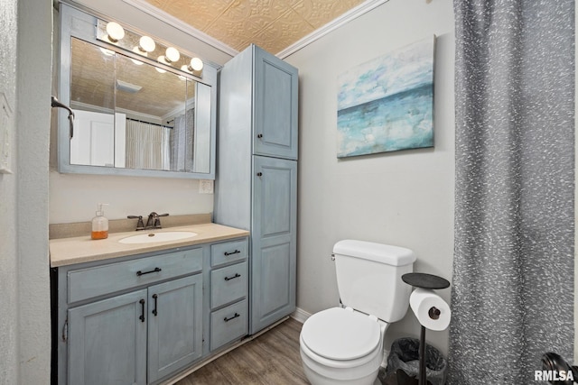 411 E 3rd St, Delavan, IL 61550 - bathroom featuring wood finished floors, vanity, a shower with curtain, ornamental molding, and an ornate ceiling