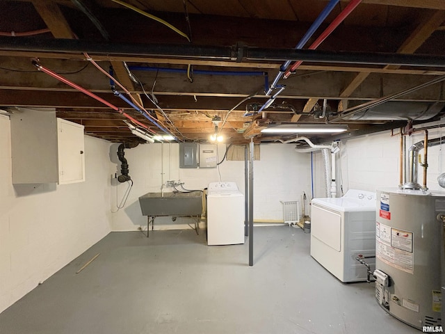 505 S Davenport St, Metamora, IL 61548 - unfinished below grade area with gas water heater, electric panel, washing machine and clothes dryer, and concrete block wall