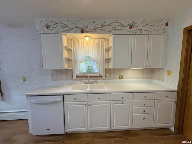 505 S Davenport St, Metamora, IL 61548 - kitchen with dishwasher, open shelves, white cabinetry, wallpapered walls, and dark wood-type flooring
