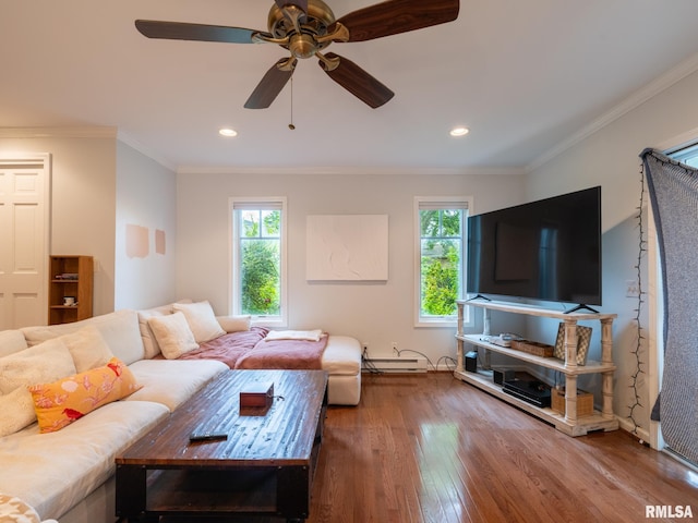 2705 N Victoria Ave, Peoria, IL 61604 - living area with plenty of natural light, wood finished floors, a baseboard heating unit, a ceiling fan, and crown molding
