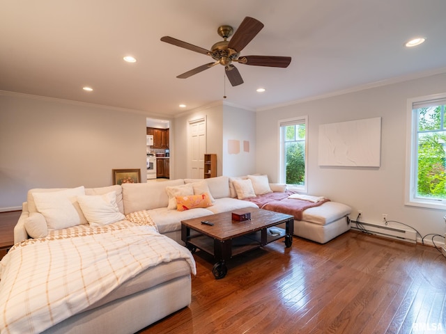 2705 N Victoria Ave, Peoria, IL 61604 - living room with wood finished floors, recessed lighting, ornamental molding, and ceiling fan