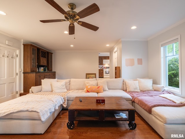 2705 N Victoria Ave, Peoria, IL 61604 - living area with ornamental molding, recessed lighting, ceiling fan, and wood finished floors