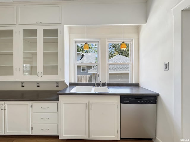 510 W Willcox Ave, Peoria, IL 61604 - kitchen featuring dishwasher, white cabinets, dark countertops, and glass insert cabinets