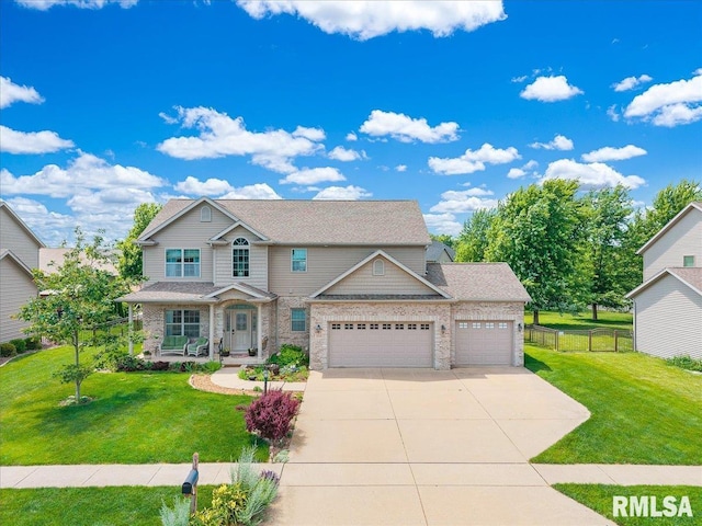 1712 Rustic Oak Dr, Washington, IL 61571 - craftsman inspired home with a garage, concrete driveway, a porch, and brick siding