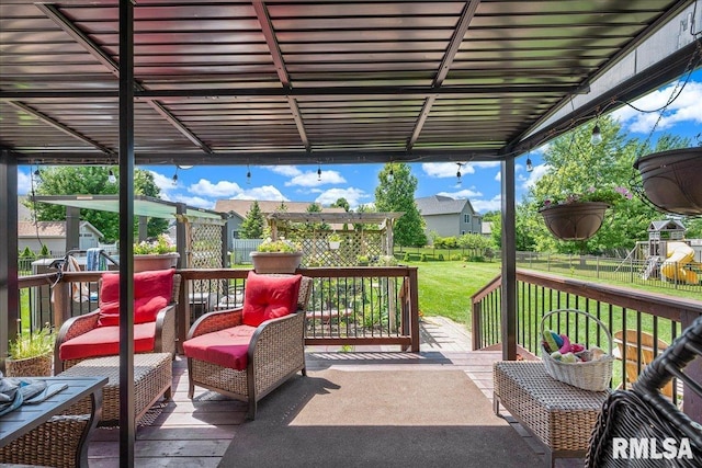 1712 Rustic Oak Dr, Washington, IL 61571 - wooden deck featuring a playground and a fenced backyard