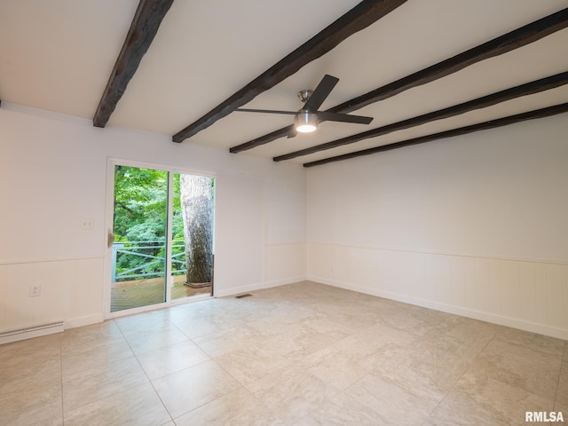 743 W Wonderview Dr, Dunlap, IL 61525 - empty room with a ceiling fan, wainscoting, beam ceiling, baseboard heating, and light tile patterned floors