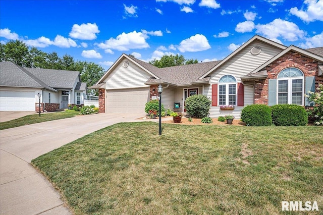 1619 Holland Ct, Chillicothe, IL 61523 - ranch-style house with an attached garage, driveway, brick siding, and a front lawn