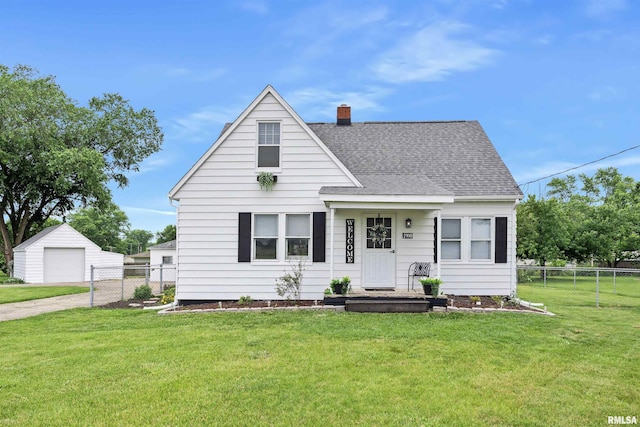 1900 S Airport Rd, Peoria, IL 61607 - view of front of house with a detached garage, driveway, a chimney, roof with shingles, and an outdoor structure