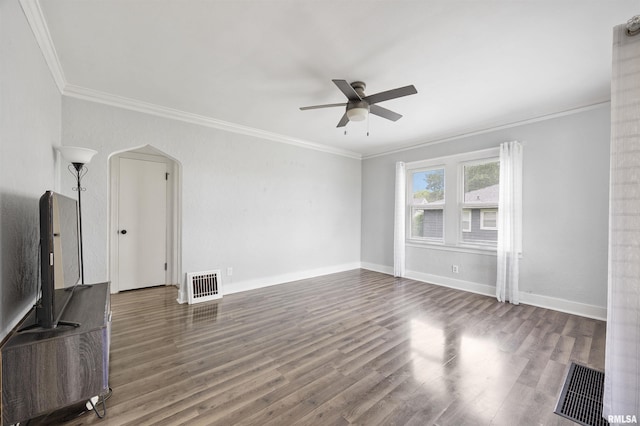 1900 S Airport Rd, Peoria, IL 61607 - unfurnished living room featuring crown molding, ceiling fan, wood finished floors, arched walkways, and heating unit