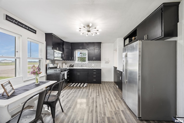 1900 S Airport Rd, Peoria, IL 61607 - kitchen featuring stainless steel appliances, dark cabinetry, a chandelier, light wood finished floors, and decorative backsplash