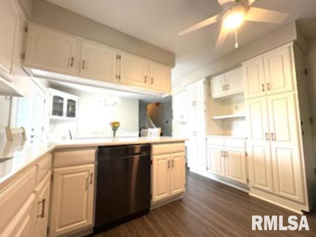 8109 N Blackbridge Rd, Edwards, IL 61528 - kitchen featuring dishwasher, ceiling fan, dark wood-type flooring, open shelves, and light countertops